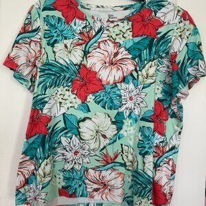 Kim Rogers Tropical Floral Print Cotton Short Sleeve T-Shirt  ~Size L